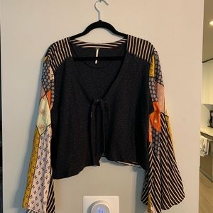Free people tie front blouse with patterned sleeve